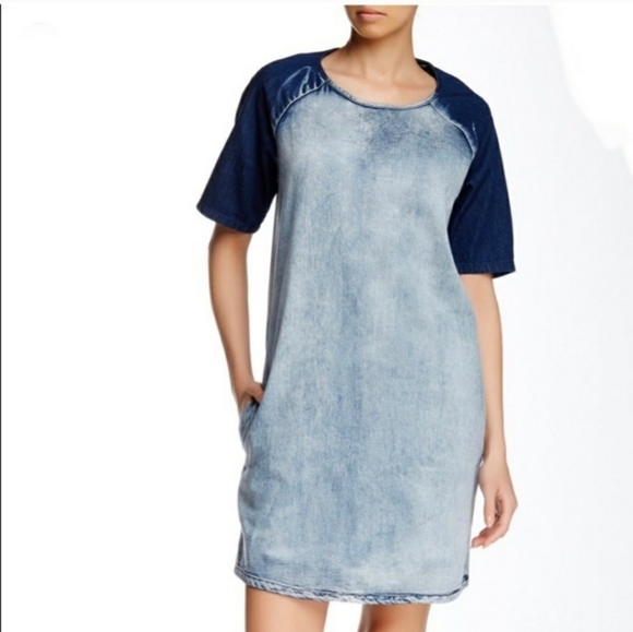 Harlowe & Graham Denim Color-blocked Summer Dress with Pockets - Picture 1 of 11